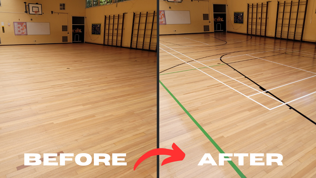 School Floor Buffing in Clapham – before and after of a maple hardwood sports hall floor, refreshed and line-marked to a bright, safe finish.