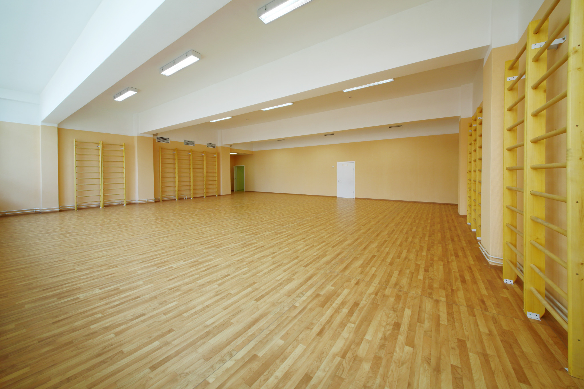 School Floor Buffing in Clapham on a maple strip hardwood sports hall, freshly polished for a bright, even, slip-resistant finish.