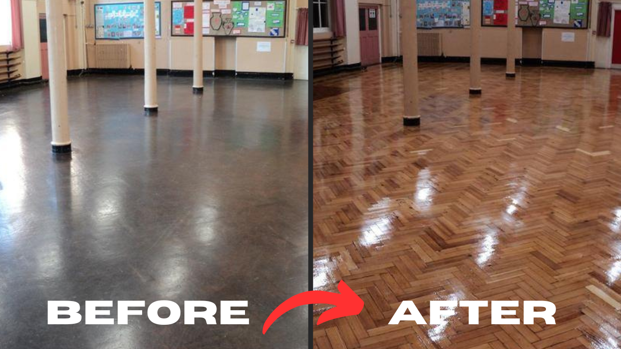 School Floor Buffing in Clapham – before and after of an oak herringbone parquet school hall, restored from dull and worn to a bright, safe finish.