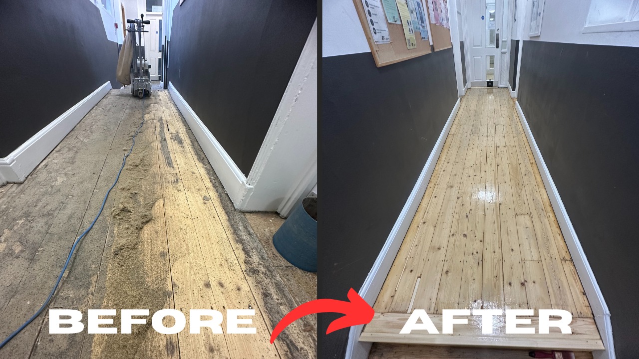 School Floor Buffing in Clapham – before-and-after of a school corridor with Victorian pine floorboards, restored from worn and dusty to a clean, sealed sheen.