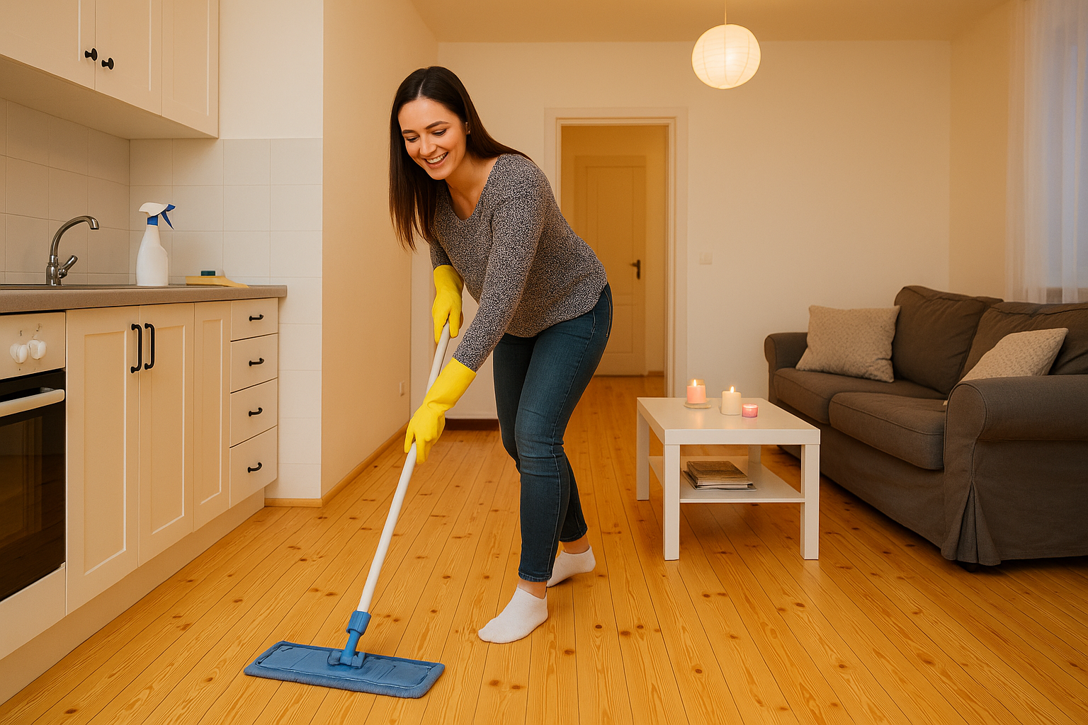 Woman cleaning restored solid pine floorboards after Clapham Floor Sanding in a bright Clapham kitchen-living room.