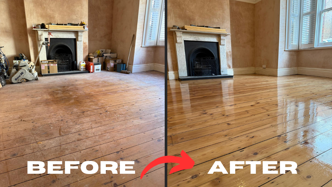 Clapham Floor Sanding before and after on Victorian pine floorboards, showing a dusty, worn timber floor transformed into a glossy, restored surface in a Clapham living room.