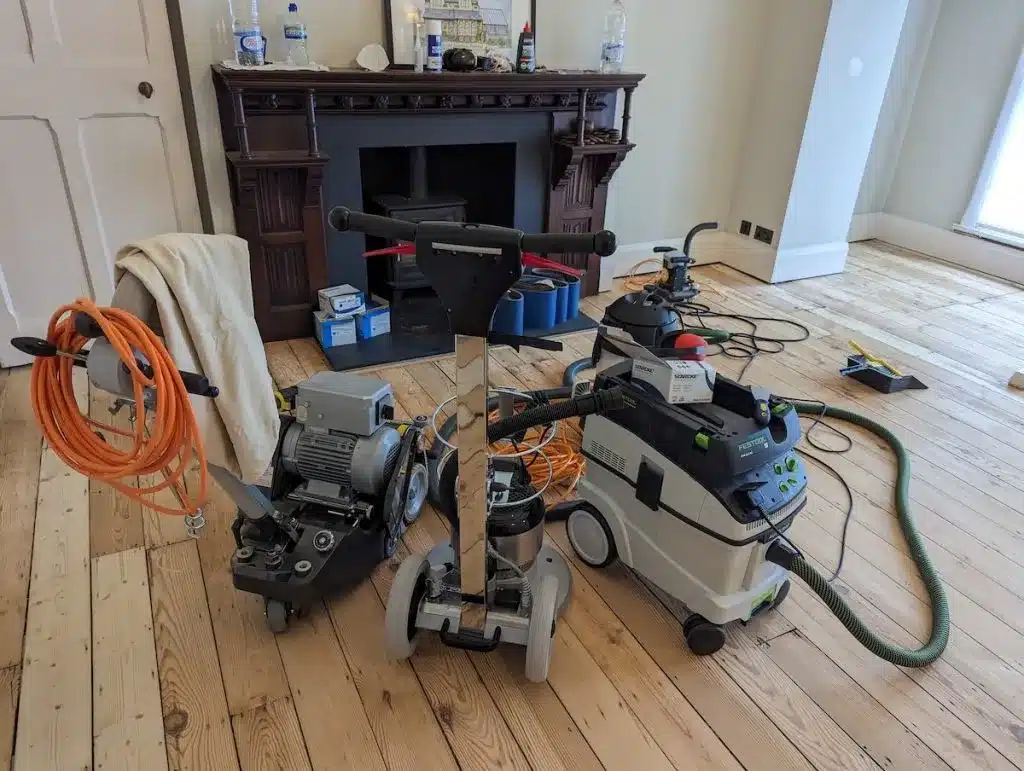 Clapham Floor Sanding equipment set up on Victorian pine softwood floorboards in a Clapham living room, ready for dust-free sanding and restoration.