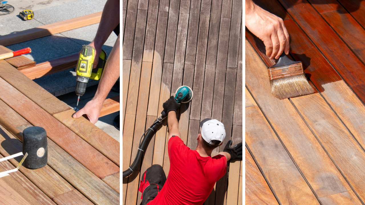 Deck Sanding and Renewal in Clapham on a hardwood timber garden deck, showing repairs, sanding and oiling stages to restore smooth, rich-coloured boards.