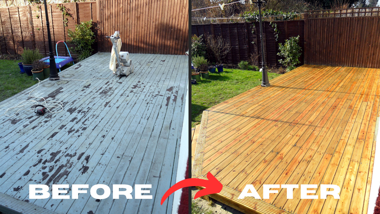Deck Sanding and Renewal in Clapham showing a softwood timber garden deck before and after restoration, transforming worn grey boards into clean, golden decking with better grip.