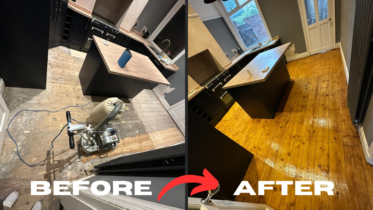 Wood Floor Sanding in Clapham kitchen showing a dramatic before-and-after transformation of original pine floorboards from rough, bare timber to a smooth, honey-toned, sealed finish around a central island.