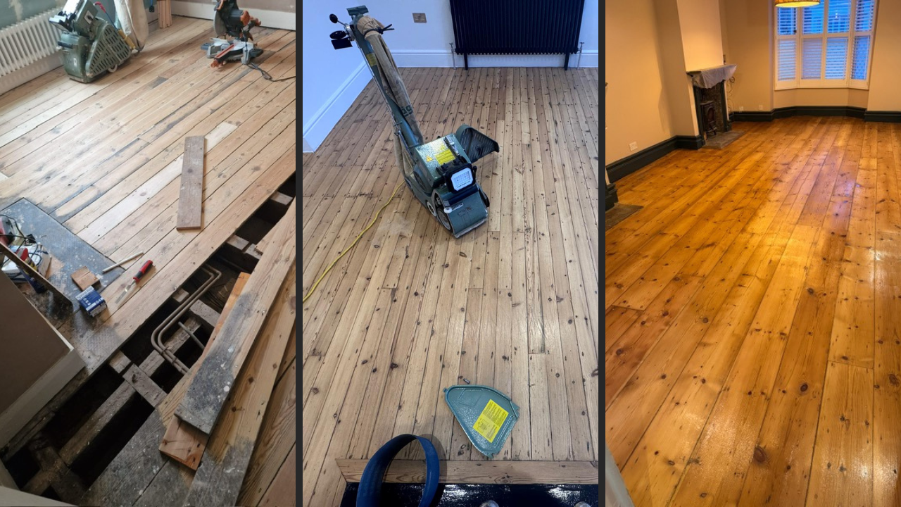 Wood Floor Sanding in Clapham showing a three-stage transformation of original softwood pine floorboards, from repair and lifting boards, through sanding with a professional machine, to a fully restored, honey-coloured finish.