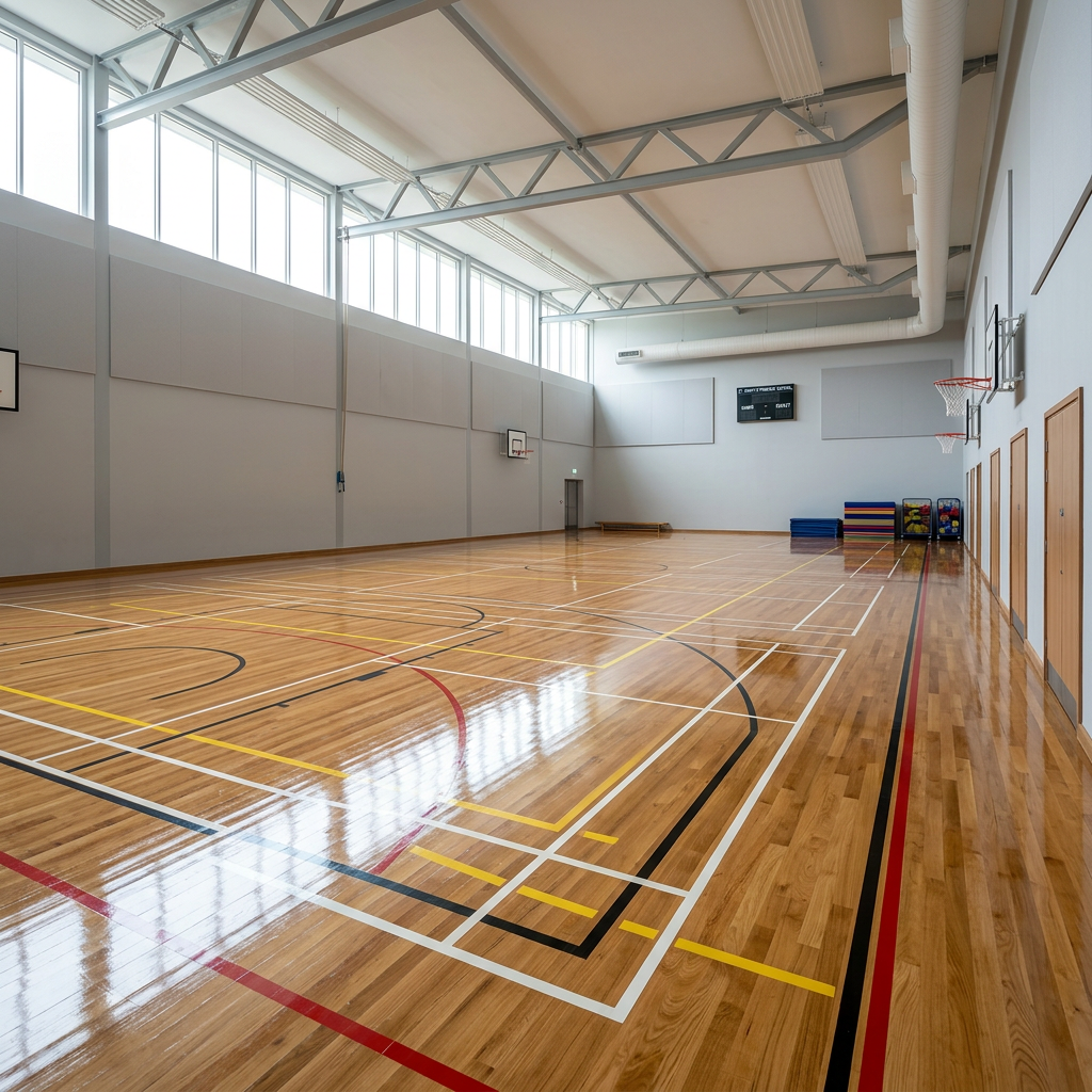 Commercial Sports Hall Floor Restoration London Wide angle view of a high-gloss Junckers floor in a London school sports hall