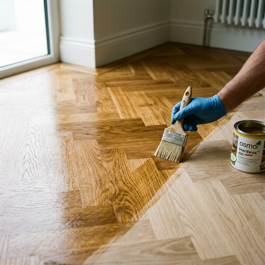 Luxury oak parquet floor receiving a treatment of Osmo Polyx-Oil for a natural honey glow