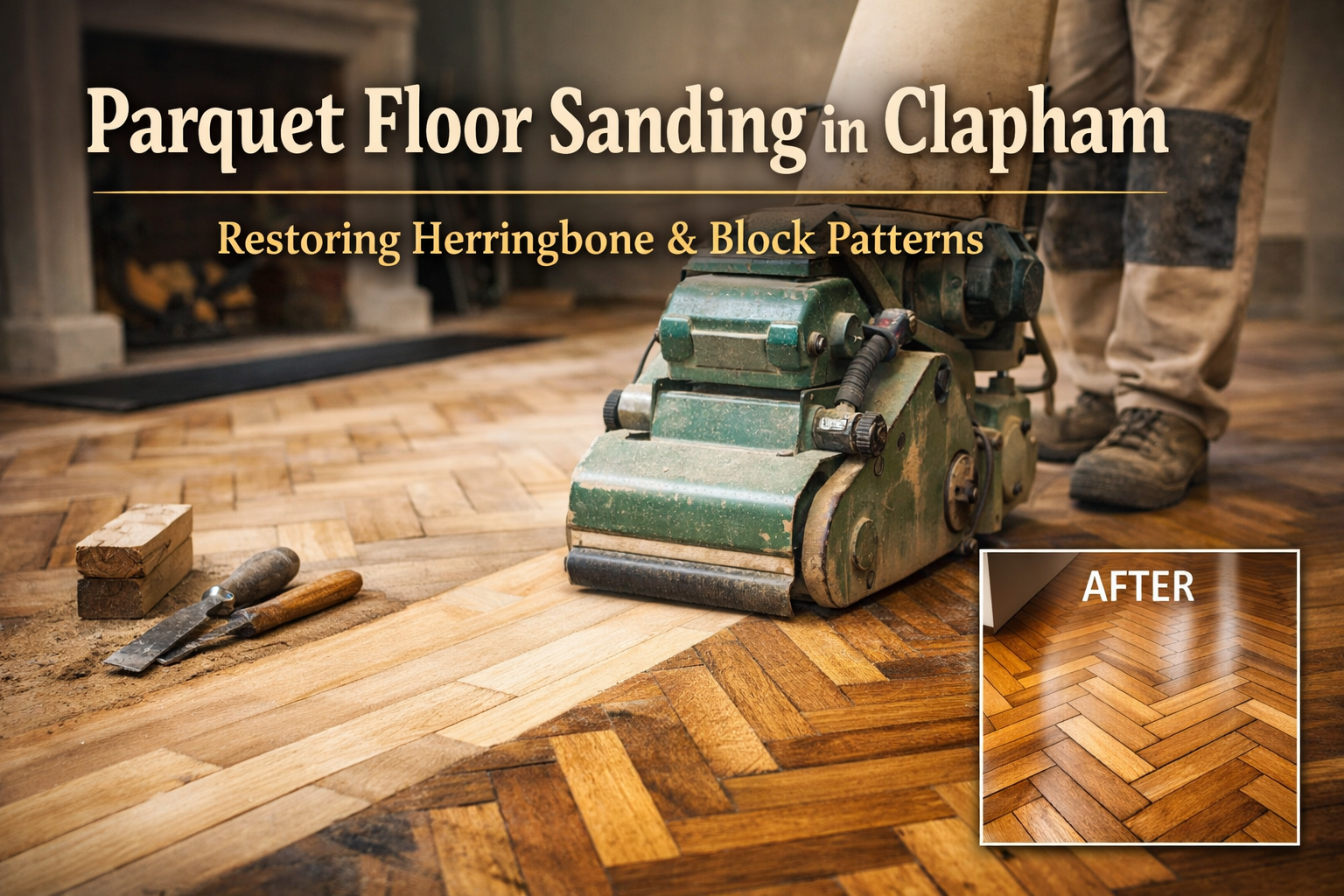 Parquet floor sanding in Clapham showing a professional restoring a herringbone wood floor with a sanding machine in a period-style interior.