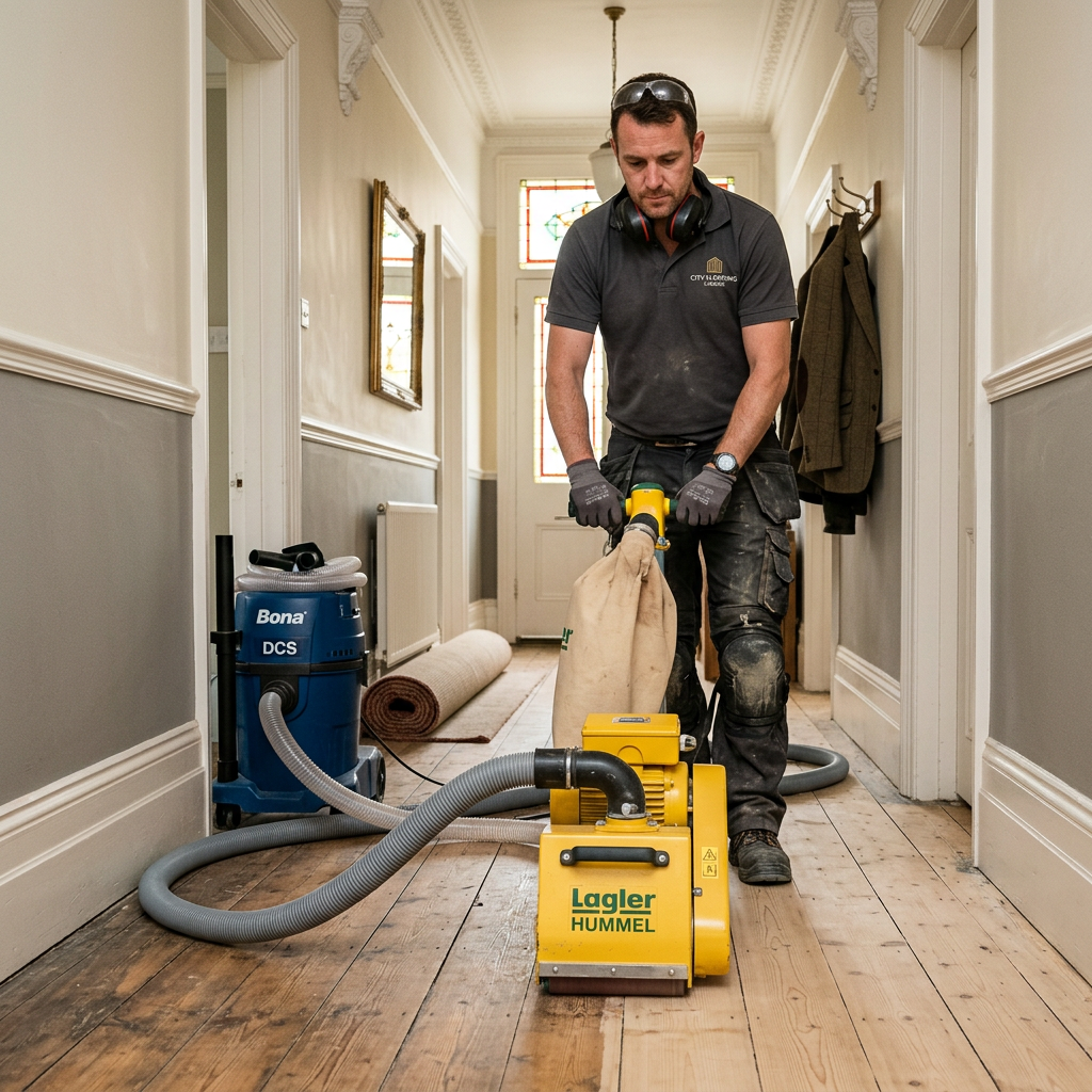 Professional tradesman using a Lagler Hummel for dust-free floor sanding in a Victorian London home