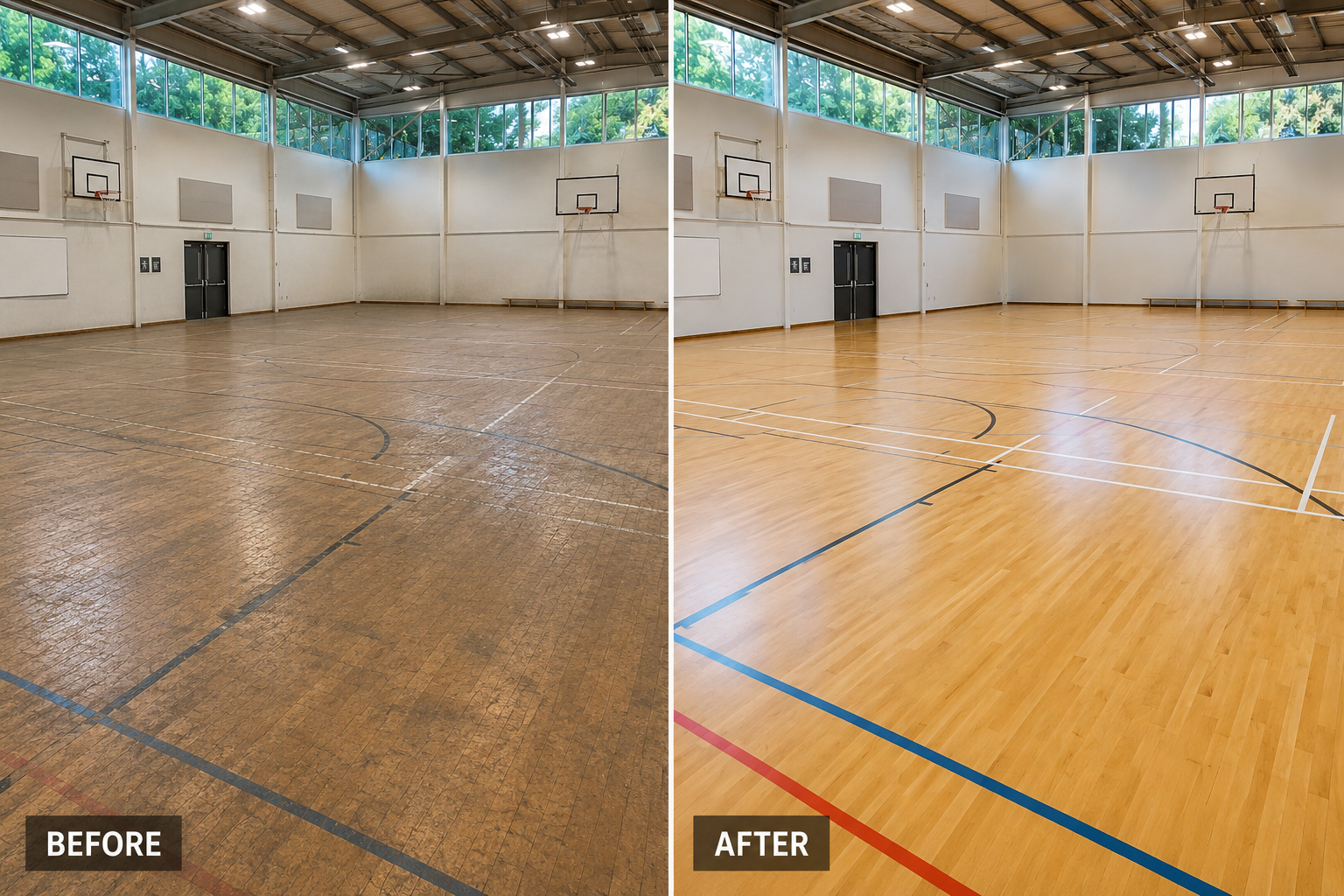 Before and after comparison of a sports hall wooden floor restored by professional dust-free sanding and refinishing in Clapham