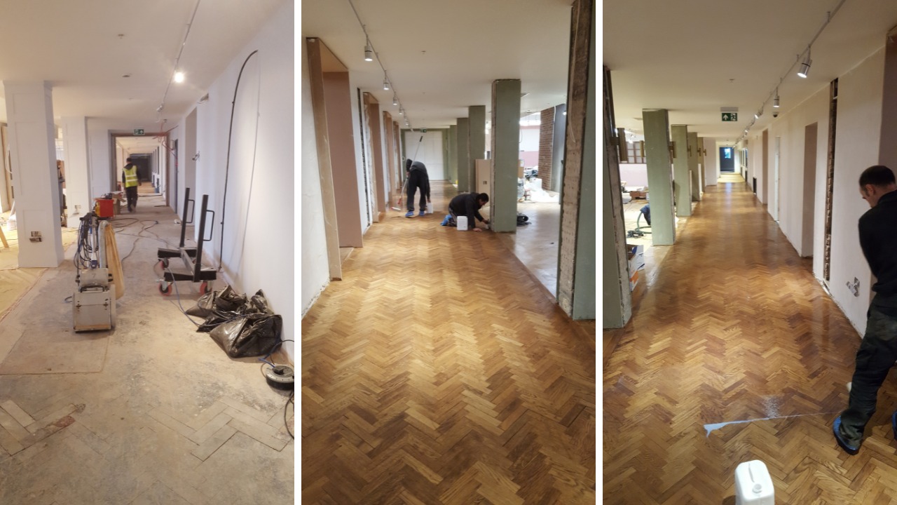 Before, during and after restoration of herringbone parquet floor in a community building hallway by Clapham Floor Sanding