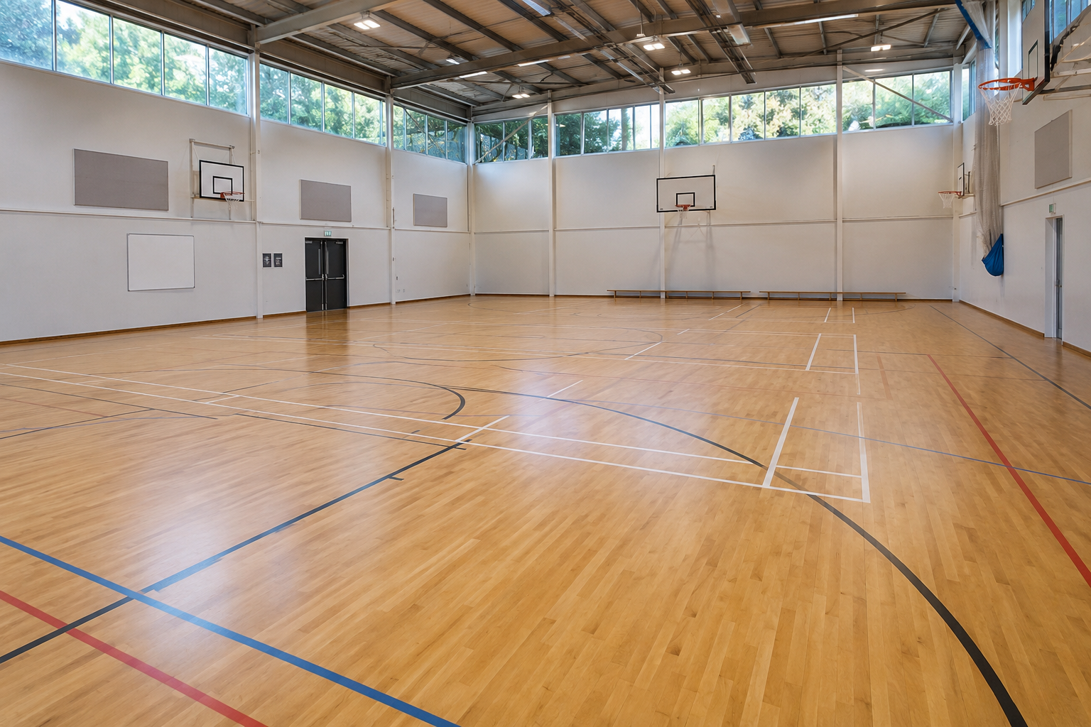Restored wooden sports hall floor with multi-sport court lines after professional dust-free sanding and refinishing in Clapham