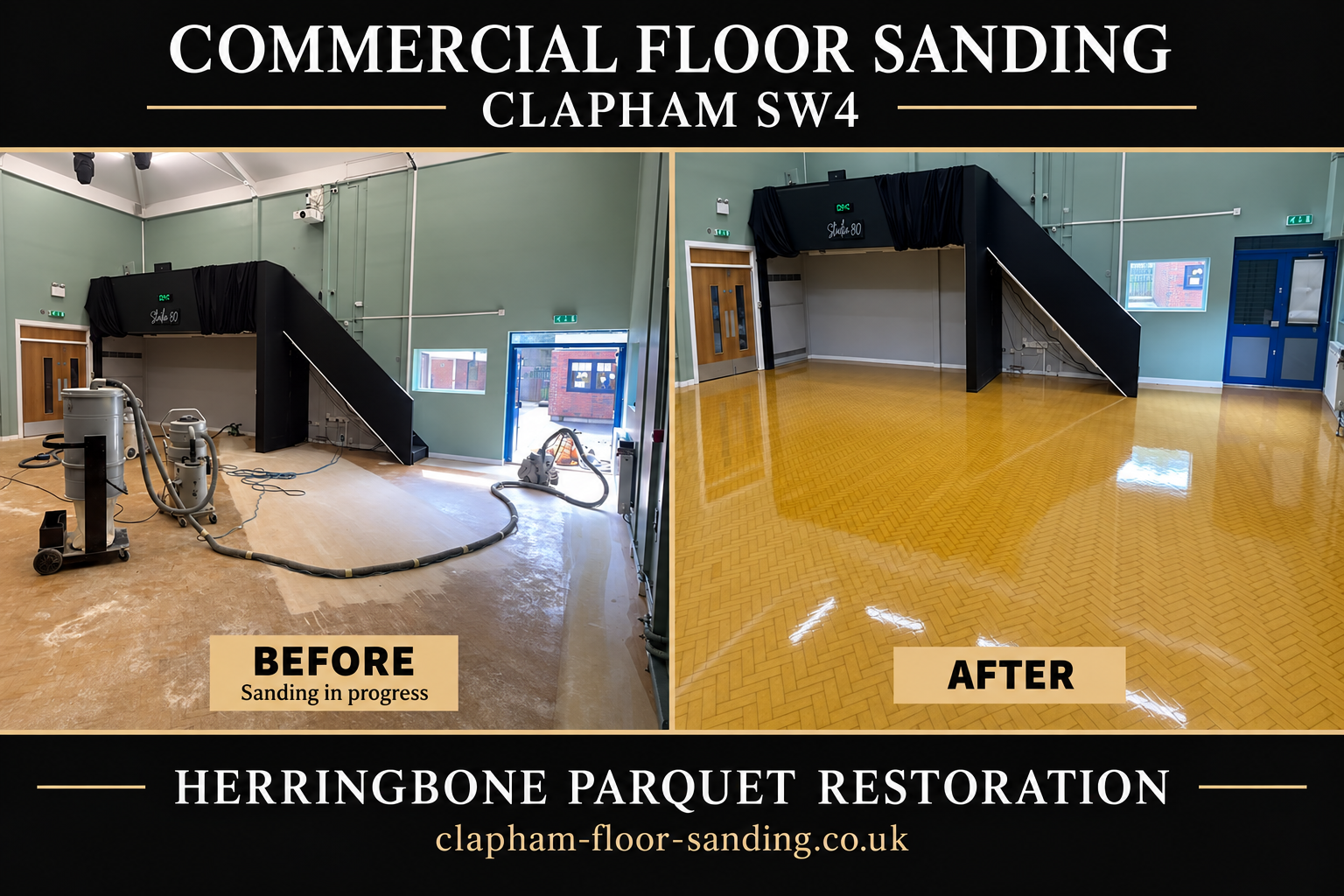 Herringbone parquet during sanding and after restoration with a glossy finish, shown side by side with Clapham SW4 branding.