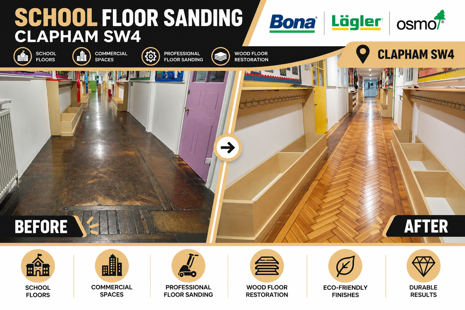Before and after comparison of a school corridor floor in Clapham, SW4, showing worn, dark timber flooring transformed into a cleaner, brighter herringbone parquet floor through professional sanding and restoration.